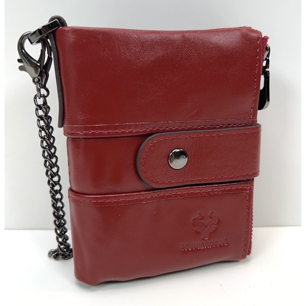 Humerpaul Leather Chain Wallet RFID Blocking Red Multi Card ID Snap Close Bifold